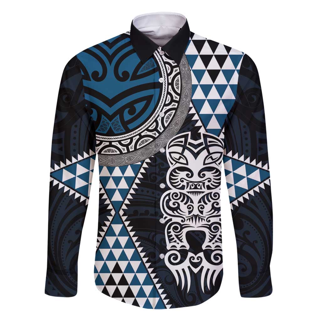 Blue Aotearoa Niho Taniwha Family Matching Mermaid Dress and Hawaiian Shirt Maori Mythology Tooth - Taniko Motifs LT14 Dad's Shirt - Long Sleeve Blue - Polynesian Pride