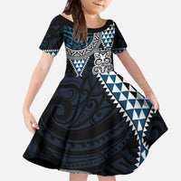 Blue Aotearoa Niho Taniwha Family Matching Off The Shoulder Long Sleeve Dress and Hawaiian Shirt Maori Mythology Tooth - Taniko Motifs LT14 Daughter's Dress Blue - Polynesian Pride