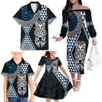 Blue Aotearoa Niho Taniwha Family Matching Off The Shoulder Long Sleeve Dress and Hawaiian Shirt Maori Mythology Tooth - Taniko Motifs LT14 - Polynesian Pride