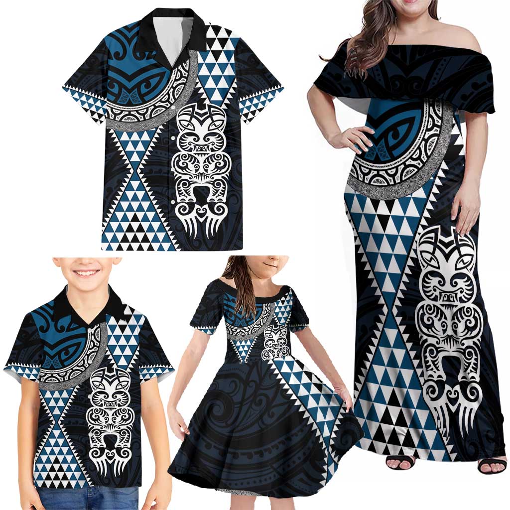 Blue Aotearoa Niho Taniwha Family Matching Off Shoulder Maxi Dress and Hawaiian Shirt Maori Mythology Tooth - Taniko Motifs LT14 - Polynesian Pride