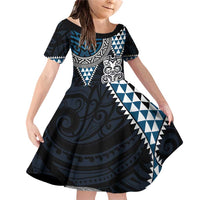 Blue Aotearoa Niho Taniwha Family Matching Off Shoulder Short Dress and Hawaiian Shirt Maori Mythology Tooth - Taniko Motifs LT14 Daughter's Dress Blue - Polynesian Pride