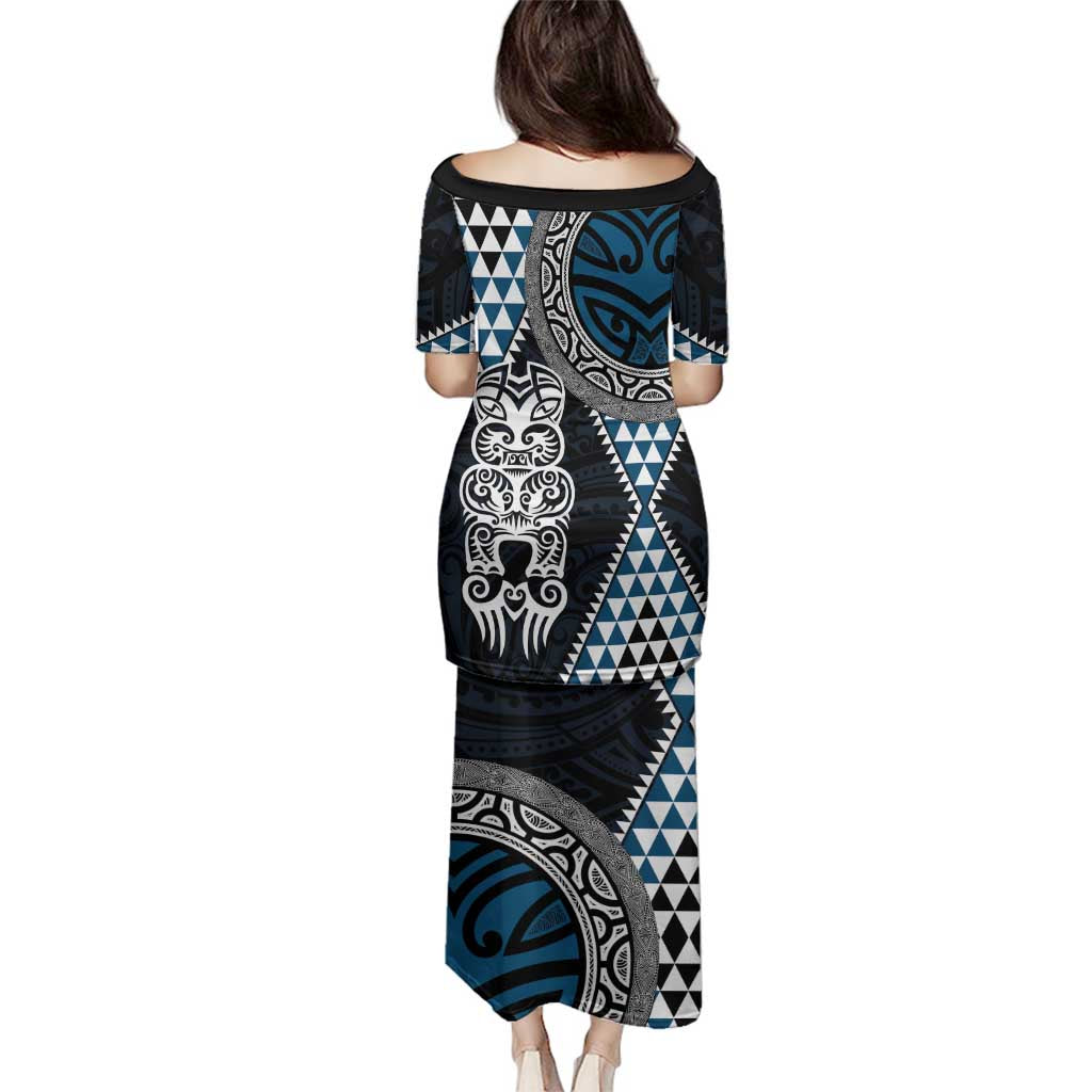 Blue Aotearoa Niho Taniwha Family Matching Puletasi and Hawaiian Shirt Maori Mythology Tooth - Taniko Motifs LT14 - Polynesian Pride