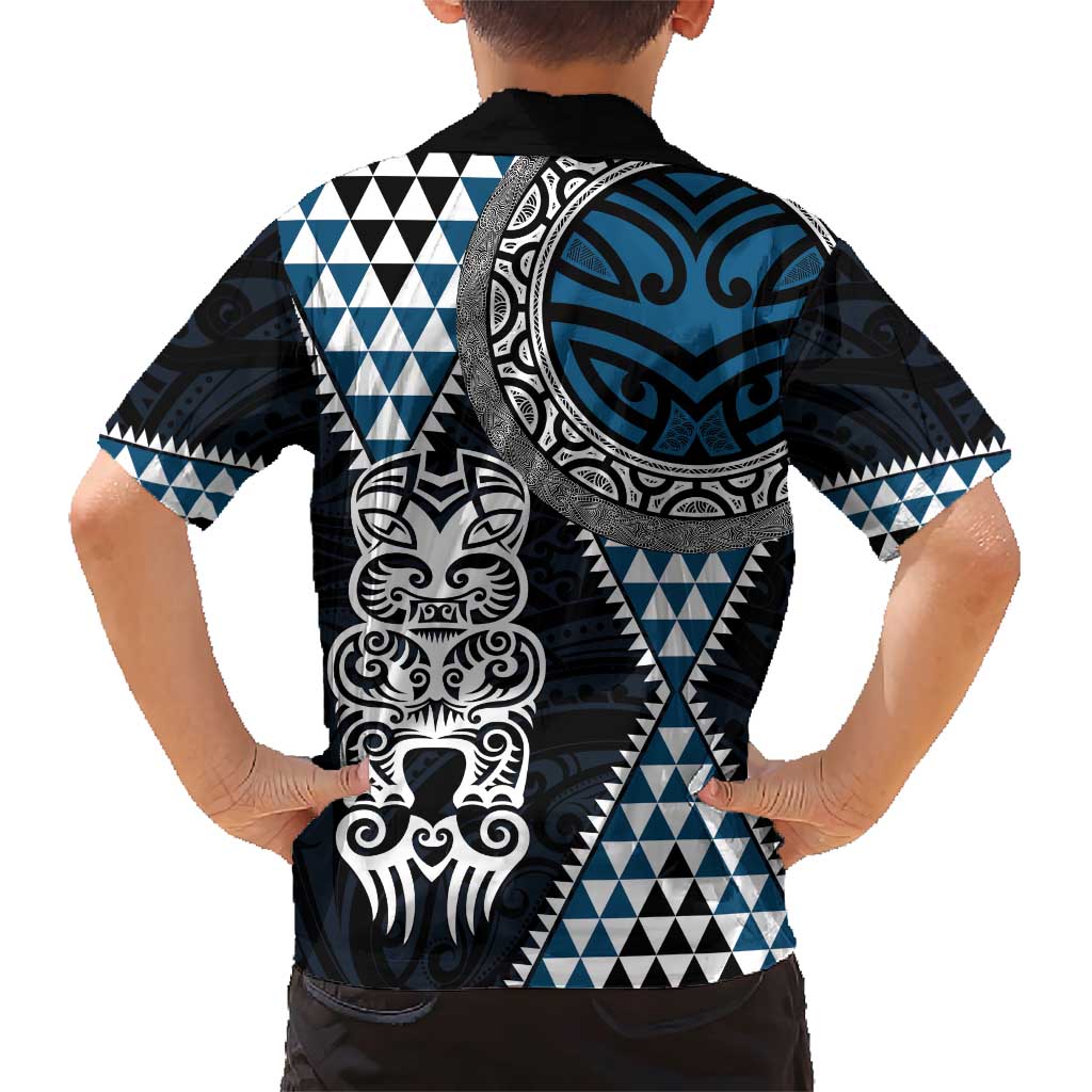 Blue Aotearoa Niho Taniwha Family Matching Short Sleeve Bodycon Dress and Hawaiian Shirt Maori Mythology Tooth - Taniko Motifs LT14 - Polynesian Pride