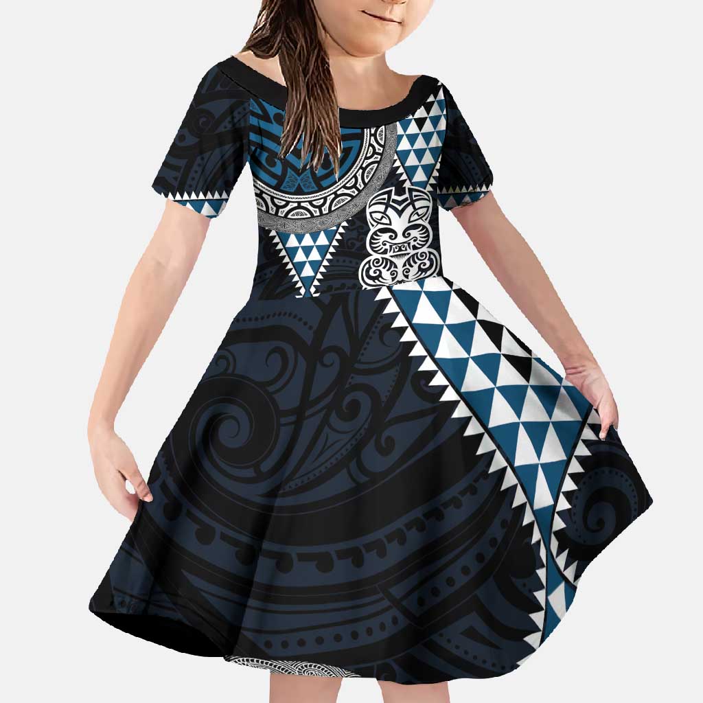 Blue Aotearoa Niho Taniwha Family Matching Summer Maxi Dress and Hawaiian Shirt Maori Mythology Tooth - Taniko Motifs LT14 Daughter's Dress Blue - Polynesian Pride