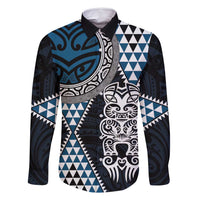 Blue Aotearoa Niho Taniwha Family Matching Summer Maxi Dress and Hawaiian Shirt Maori Mythology Tooth - Taniko Motifs LT14 Dad's Shirt - Long Sleeve Blue - Polynesian Pride