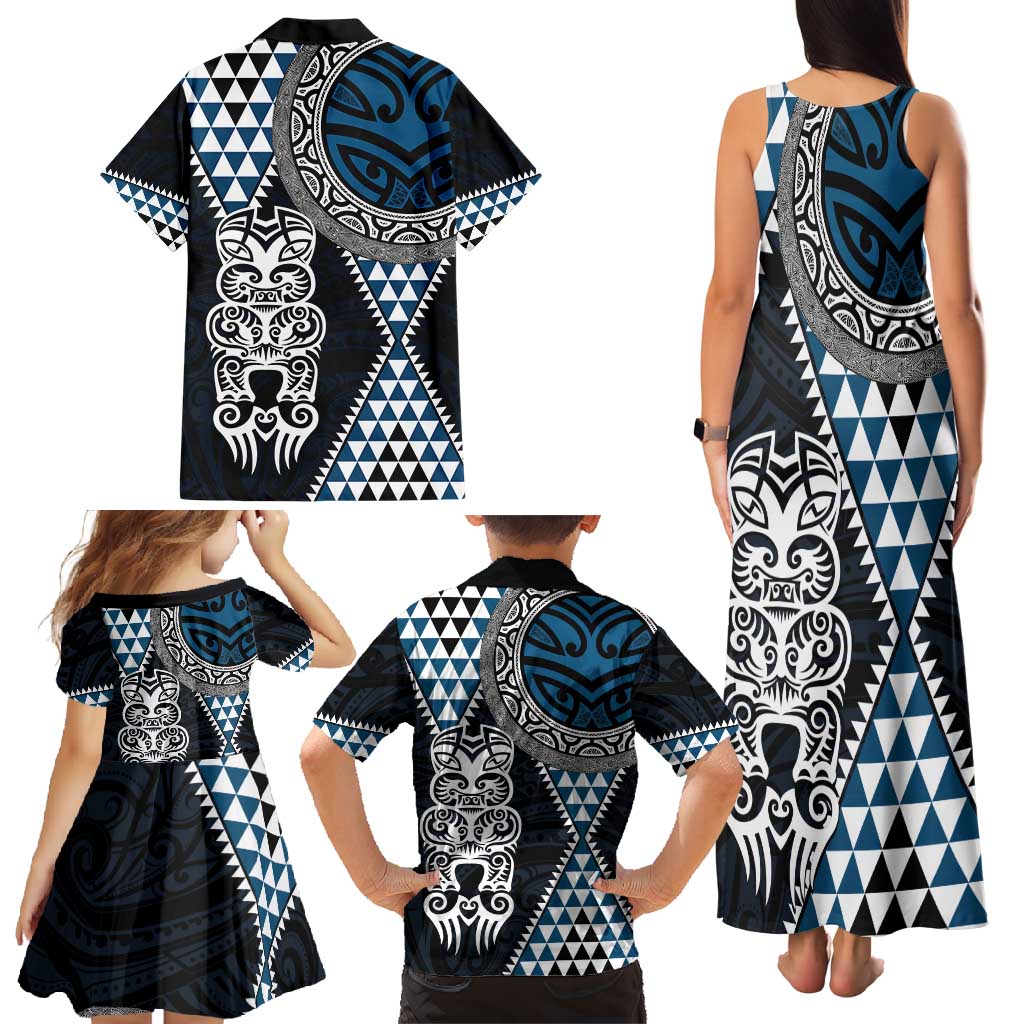 Blue Aotearoa Niho Taniwha Family Matching Tank Maxi Dress and Hawaiian Shirt Maori Mythology Tooth - Taniko Motifs LT14 - Polynesian Pride