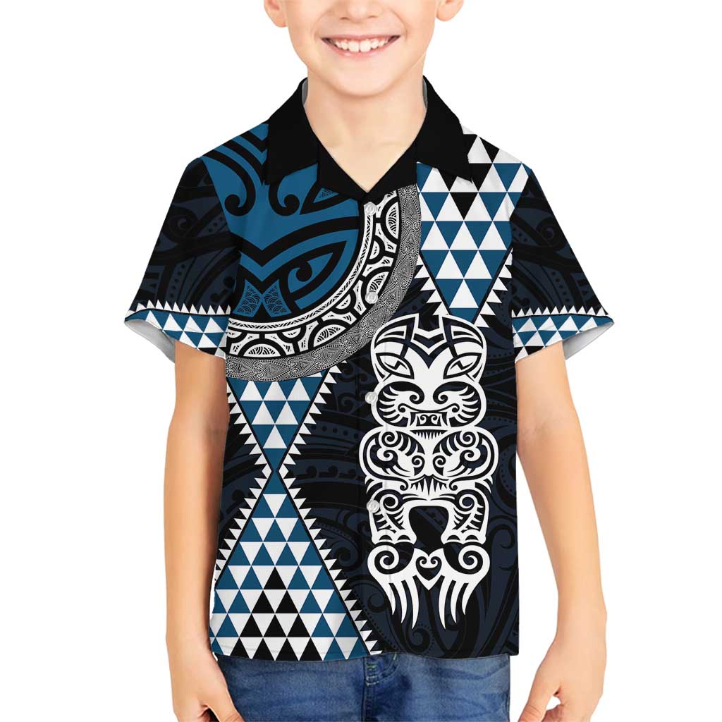 Blue Aotearoa Niho Taniwha Family Matching Tank Maxi Dress and Hawaiian Shirt Maori Mythology Tooth - Taniko Motifs LT14 Son's Shirt Blue - Polynesian Pride