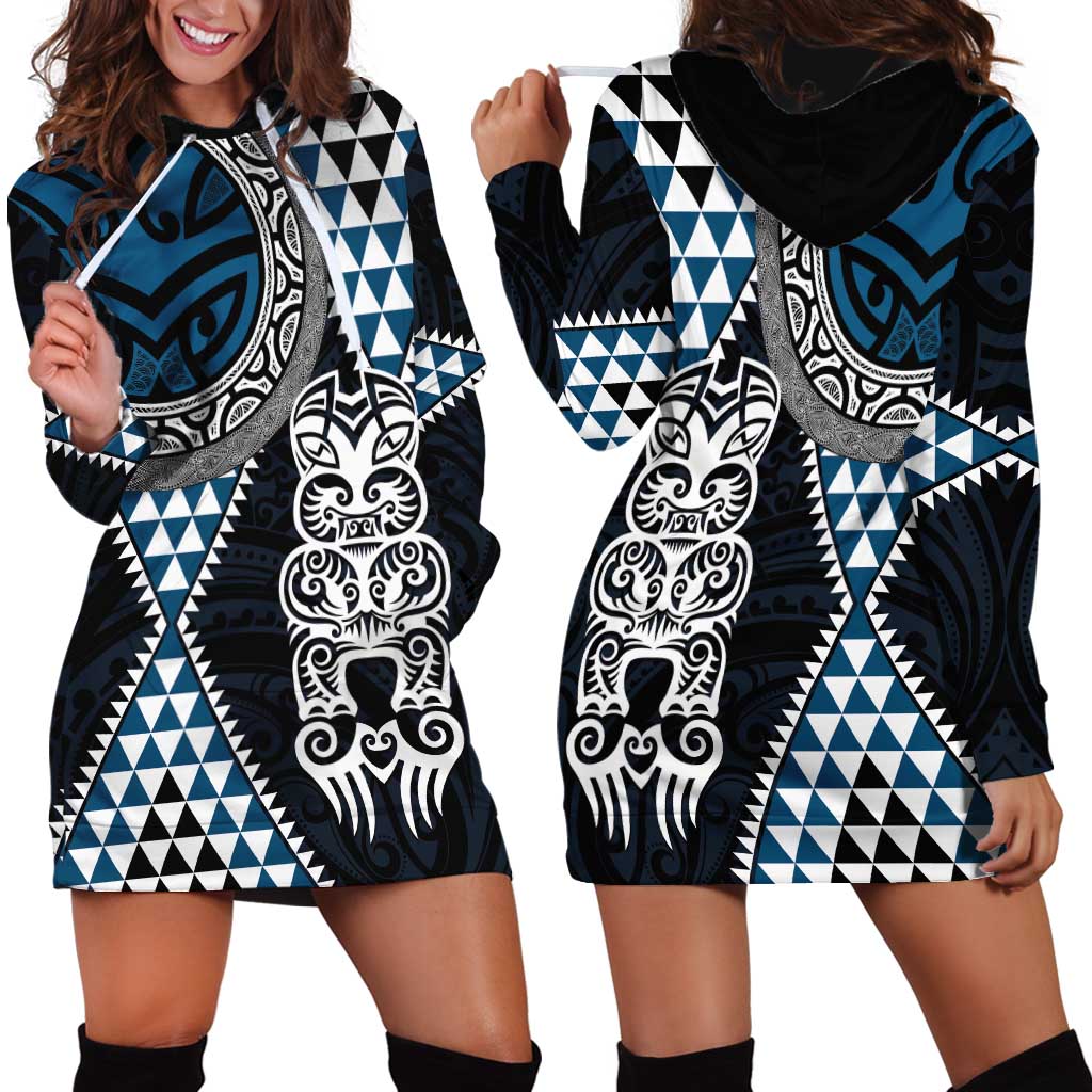 Blue Aotearoa Niho Taniwha Hoodie Dress Maori Mythology Tooth - Taniko Motifs LT14 - Polynesian Pride