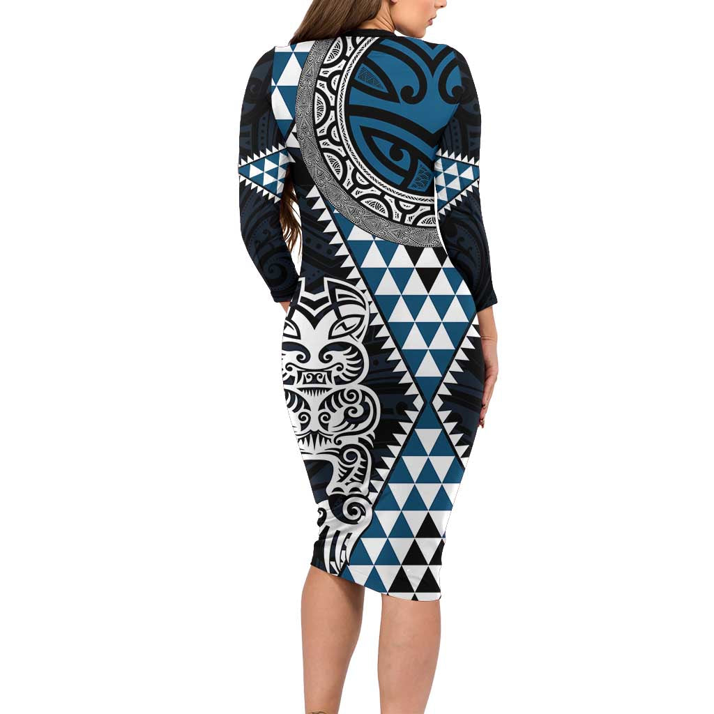 Blue Aotearoa Niho Taniwha Long Sleeve Bodycon Dress Maori Mythology Tooth - Taniko Motifs LT14 - Polynesian Pride
