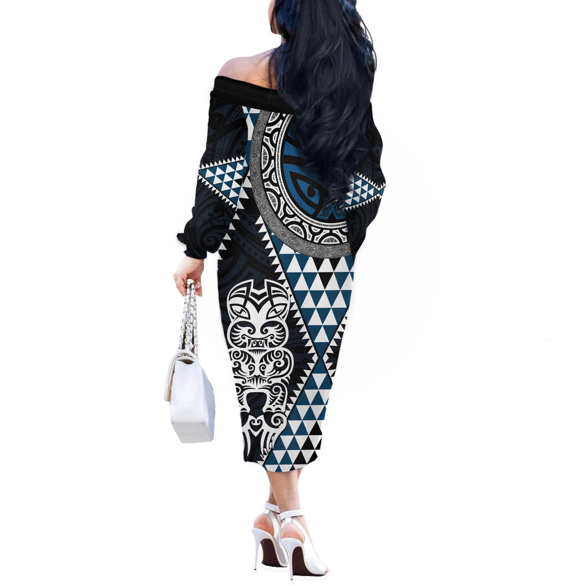 Blue Aotearoa Niho Taniwha Off The Shoulder Long Sleeve Dress Maori Mythology Tooth - Taniko Motifs LT14 - Polynesian Pride