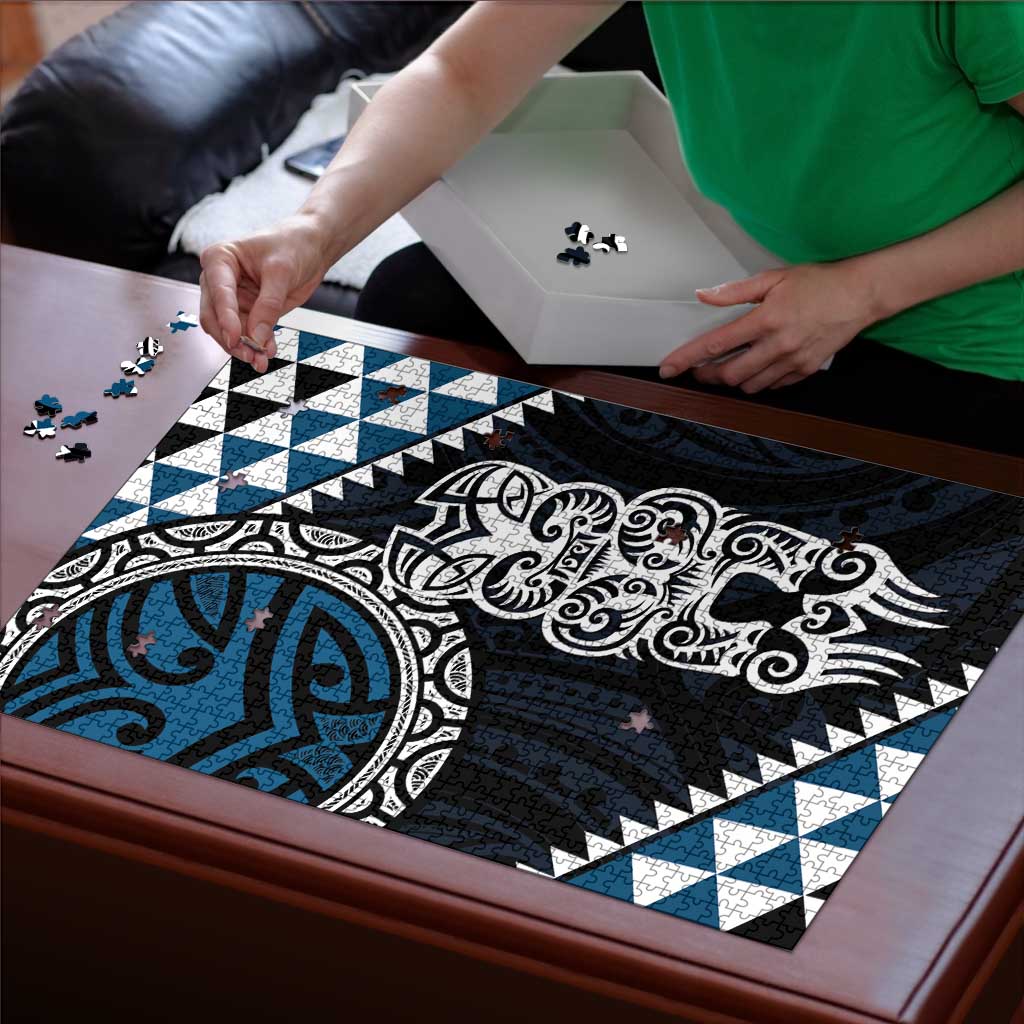 Blue Aotearoa Niho Taniwha Puzzle Maori Mythology Tooth - Taniko Motifs - Polynesian Pride