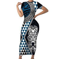 Blue Aotearoa Niho Taniwha Short Sleeve Bodycon Dress Maori Mythology Tooth - Taniko Motifs LT14 Long Dress Blue - Polynesian Pride