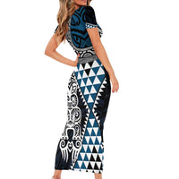 Blue Aotearoa Niho Taniwha Short Sleeve Bodycon Dress Maori Mythology Tooth - Taniko Motifs LT14 - Polynesian Pride