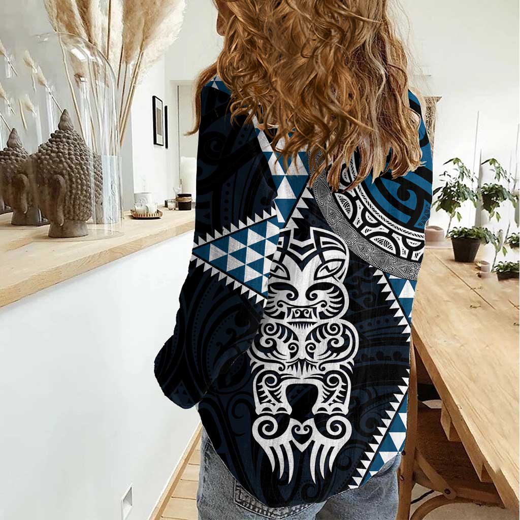 Blue Aotearoa Niho Taniwha Women Casual Shirt Maori Mythology Tooth - Taniko Motifs LT14 - Polynesian Pride