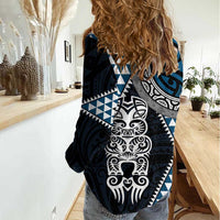 Blue Aotearoa Niho Taniwha Women Casual Shirt Maori Mythology Tooth - Taniko Motifs LT14 - Polynesian Pride