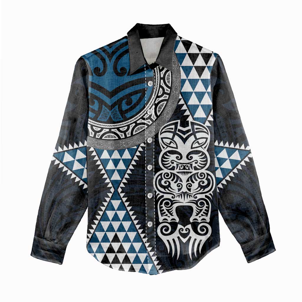 Blue Aotearoa Niho Taniwha Women Casual Shirt Maori Mythology Tooth - Taniko Motifs LT14 - Polynesian Pride