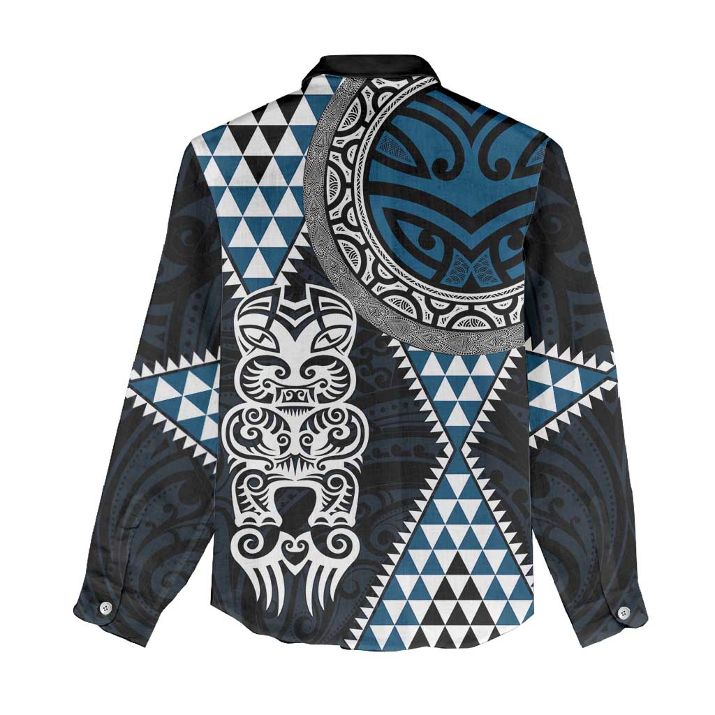 Blue Aotearoa Niho Taniwha Women Casual Shirt Maori Mythology Tooth - Taniko Motifs LT14 - Polynesian Pride