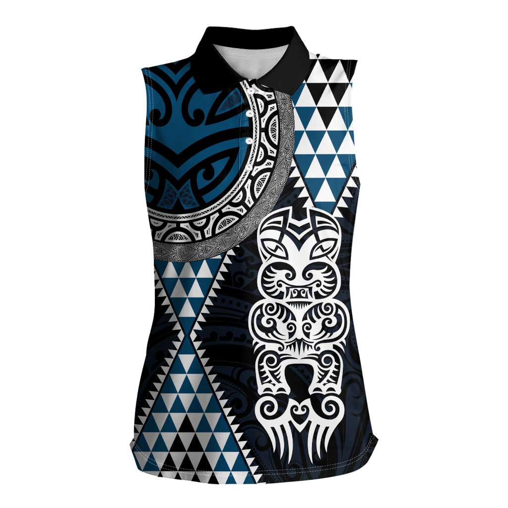 Blue Aotearoa Niho Taniwha Women Sleeveless Polo Shirt Maori Mythology Tooth - Taniko Motifs LT14 Female Blue - Polynesian Pride