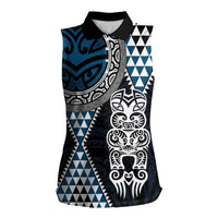 Blue Aotearoa Niho Taniwha Women Sleeveless Polo Shirt Maori Mythology Tooth - Taniko Motifs LT14 Female Blue - Polynesian Pride