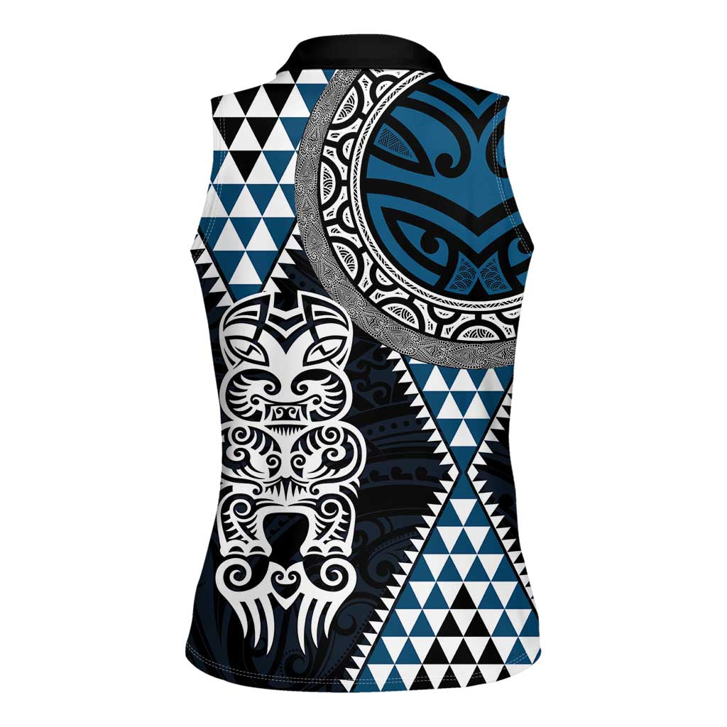 Blue Aotearoa Niho Taniwha Women Sleeveless Polo Shirt Maori Mythology Tooth - Taniko Motifs LT14 - Polynesian Pride