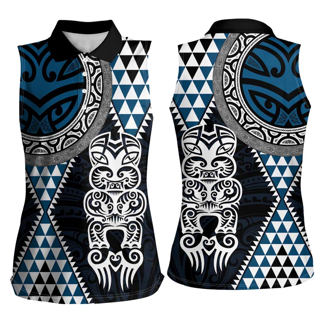 Blue Aotearoa Niho Taniwha Women Sleeveless Polo Shirt Maori Mythology Tooth - Taniko Motifs LT14 - Polynesian Pride