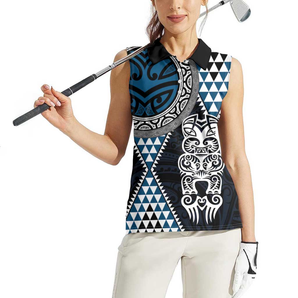 Blue Aotearoa Niho Taniwha Women Sleeveless Polo Shirt Maori Mythology Tooth - Taniko Motifs LT14 - Polynesian Pride
