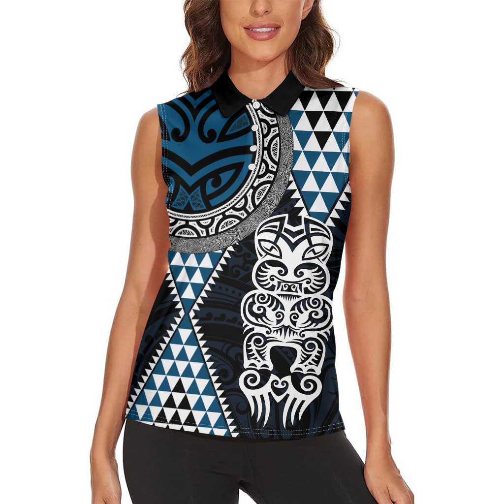 Blue Aotearoa Niho Taniwha Women Sleeveless Polo Shirt Maori Mythology Tooth - Taniko Motifs LT14 - Polynesian Pride