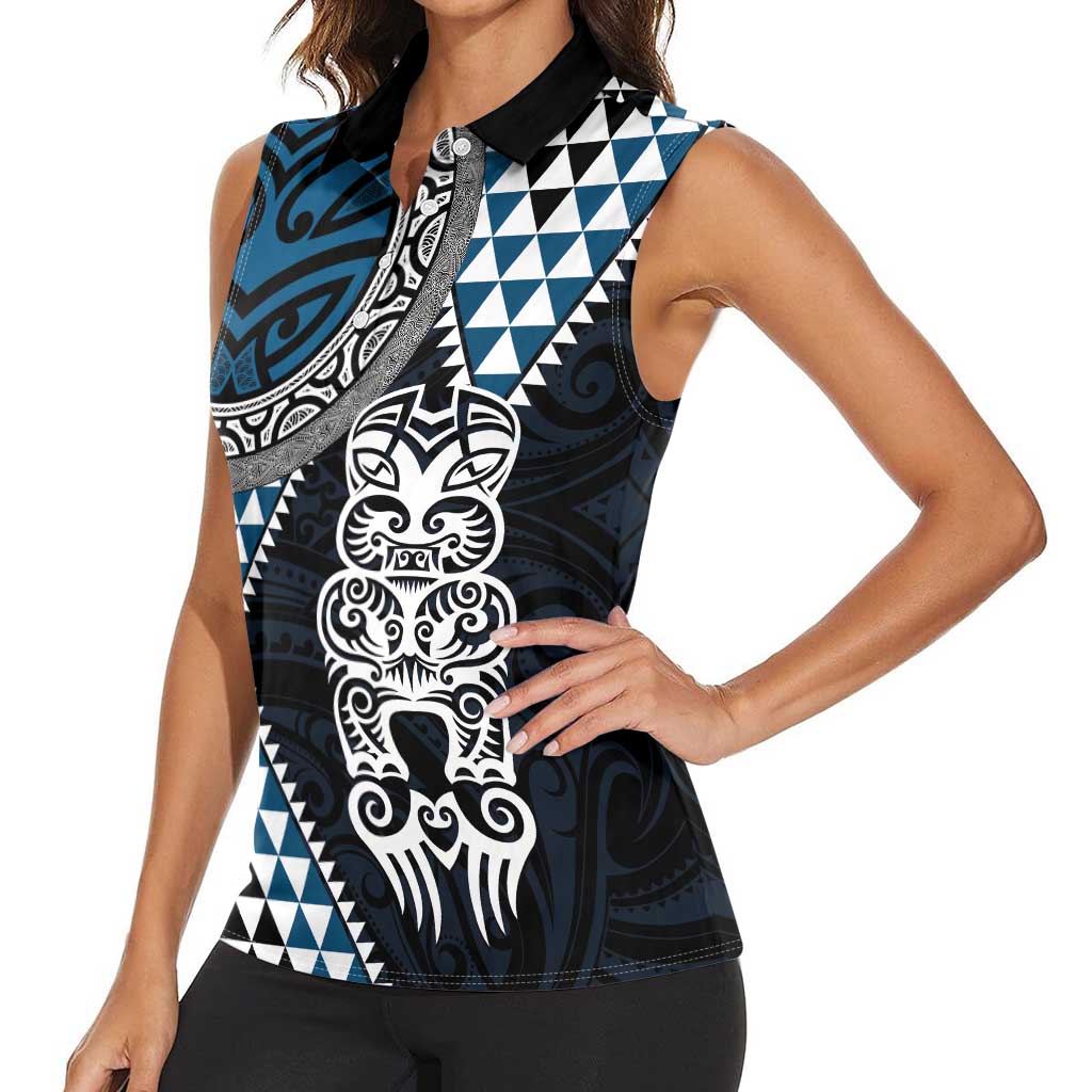 Blue Aotearoa Niho Taniwha Women Sleeveless Polo Shirt Maori Mythology Tooth - Taniko Motifs LT14 - Polynesian Pride