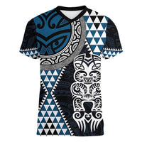 Blue Aotearoa Niho Taniwha Women V-Neck T-Shirt Maori Mythology Tooth - Taniko Motifs LT14 Female Blue - Polynesian Pride