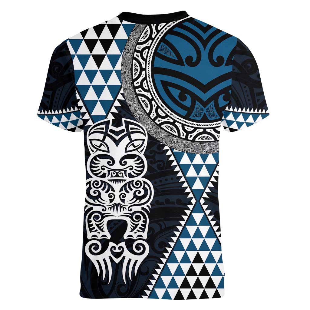 Blue Aotearoa Niho Taniwha Women V-Neck T-Shirt Maori Mythology Tooth - Taniko Motifs LT14 - Polynesian Pride