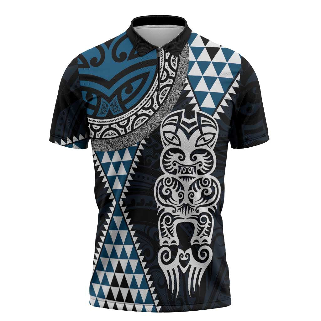 Blue Aotearoa Niho Taniwha Zipper Polo Shirt Maori Mythology Tooth - Taniko Motifs - Polynesian Pride