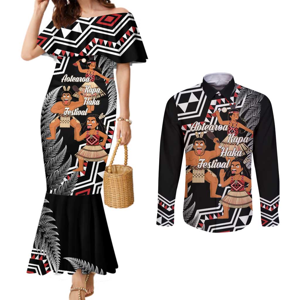 Aotearoa Kapa Haka Couples Matching Mermaid Dress and Long Sleeve Button Shirt 2025 Festival - Traditional Maori Dance LT14 Black - Polynesian Pride