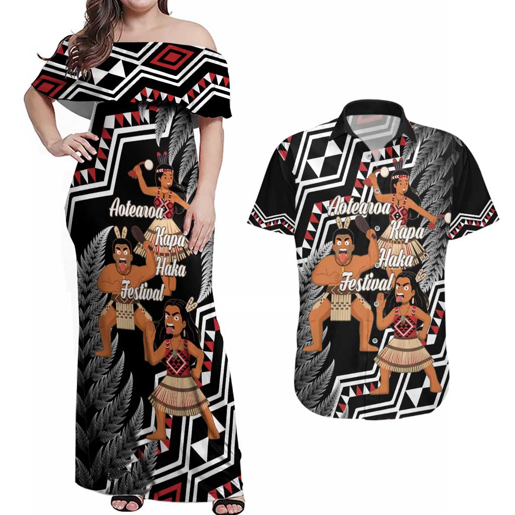 Aotearoa Kapa Haka Couples Matching Off Shoulder Maxi Dress and Hawaiian Shirt 2025 Festival - Traditional Maori Dance LT14 Black - Polynesian Pride