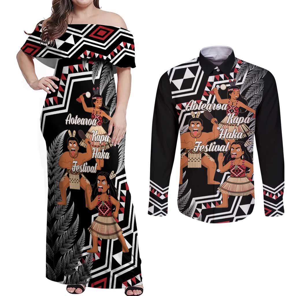 Aotearoa Kapa Haka Couples Matching Off Shoulder Maxi Dress and Long Sleeve Button Shirt 2025 Festival - Traditional Maori Dance LT14 Black - Polynesian Pride