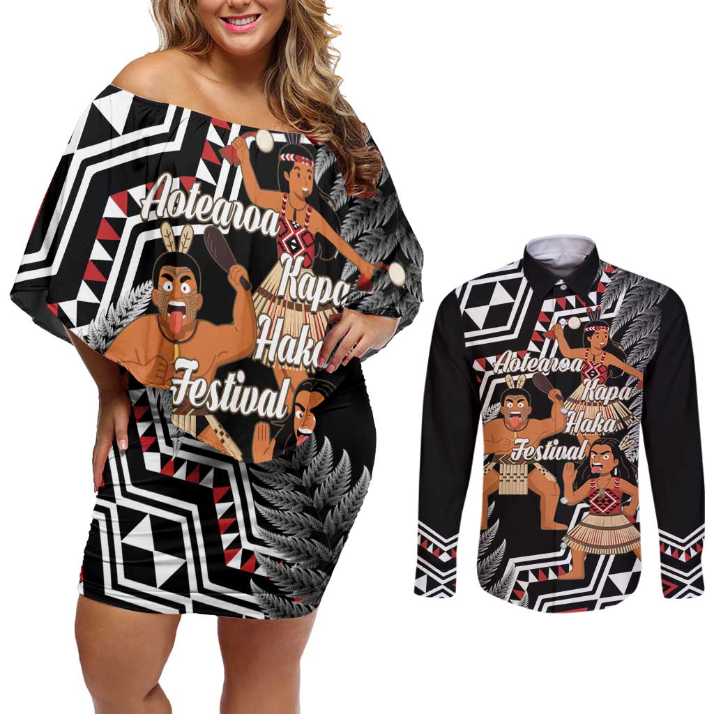 Aotearoa Kapa Haka Couples Matching Off Shoulder Short Dress and Long Sleeve Button Shirt 2025 Festival - Traditional Maori Dance LT14 Black - Polynesian Pride