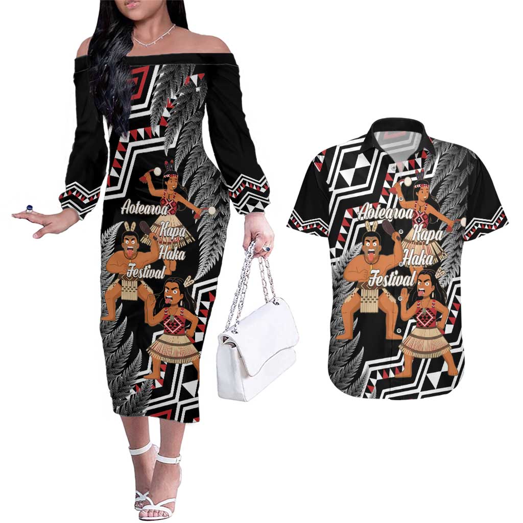 Aotearoa Kapa Haka Couples Matching Off The Shoulder Long Sleeve Dress and Hawaiian Shirt 2025 Festival - Traditional Maori Dance LT14 Black - Polynesian Pride