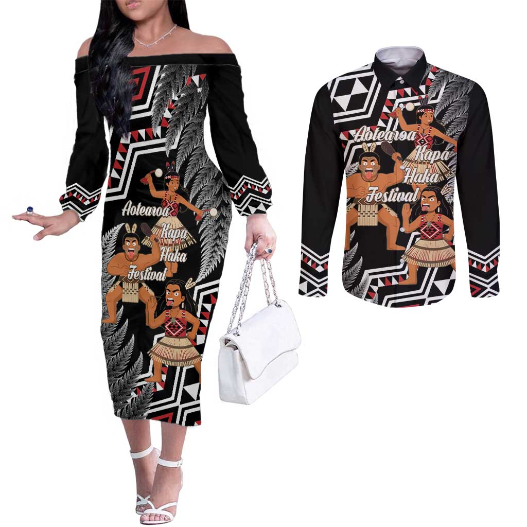Aotearoa Kapa Haka Couples Matching Off The Shoulder Long Sleeve Dress and Long Sleeve Button Shirt 2025 Festival - Traditional Maori Dance LT14 Black - Polynesian Pride
