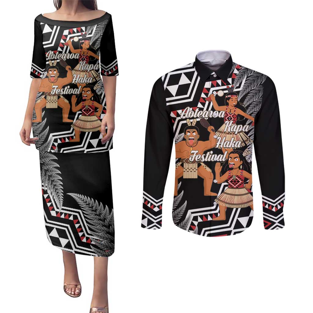 Aotearoa Kapa Haka Couples Matching Puletasi and Long Sleeve Button Shirt 2025 Festival - Traditional Maori Dance LT14 Black - Polynesian Pride