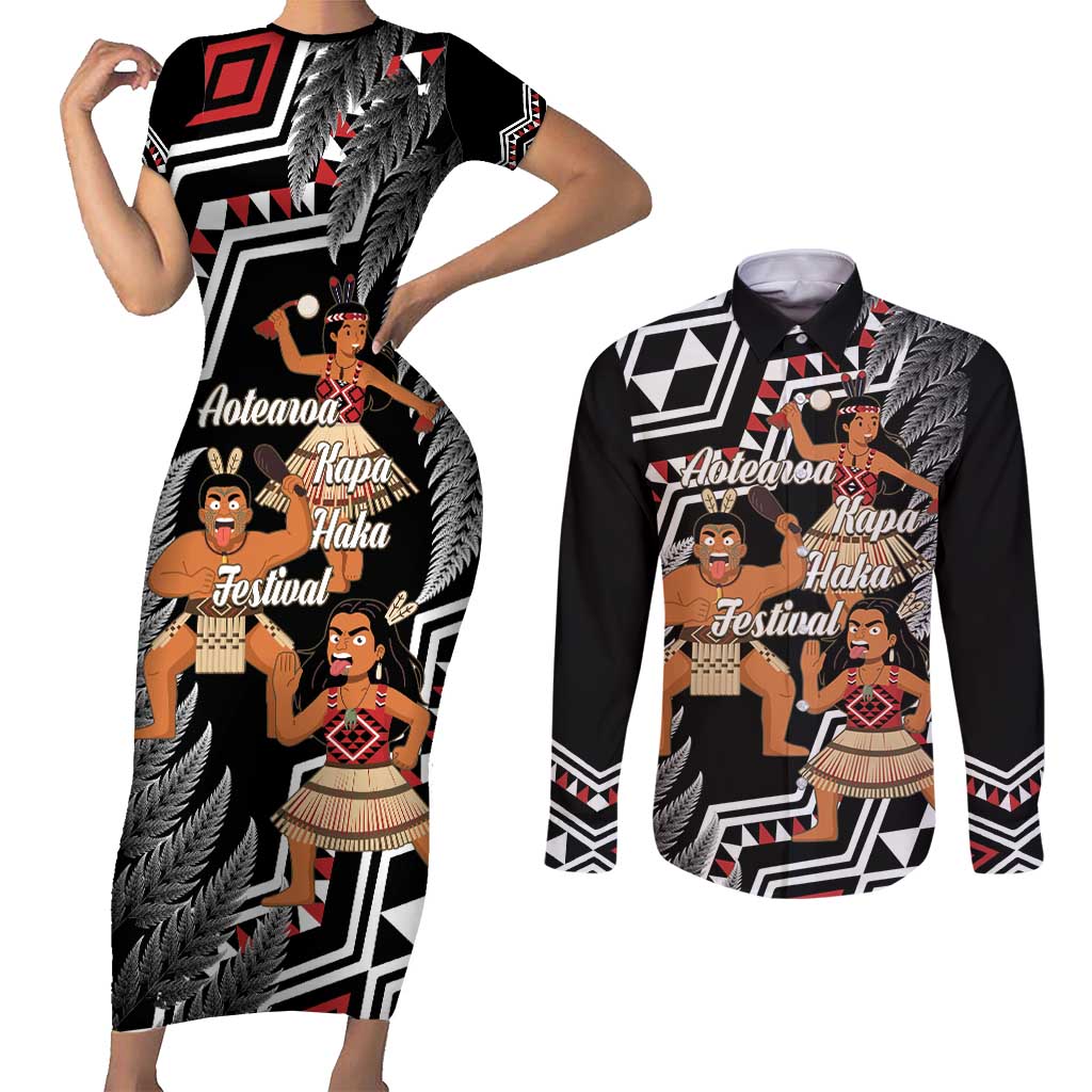 Aotearoa Kapa Haka Couples Matching Short Sleeve Bodycon Dress and Long Sleeve Button Shirt 2025 Festival - Traditional Maori Dance LT14 Black - Polynesian Pride