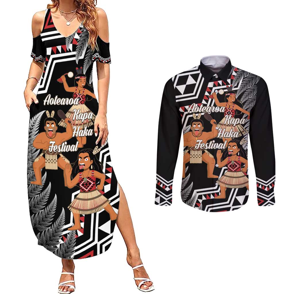 Aotearoa Kapa Haka Couples Matching Summer Maxi Dress and Long Sleeve Button Shirt 2025 Festival - Traditional Maori Dance LT14 Black - Polynesian Pride
