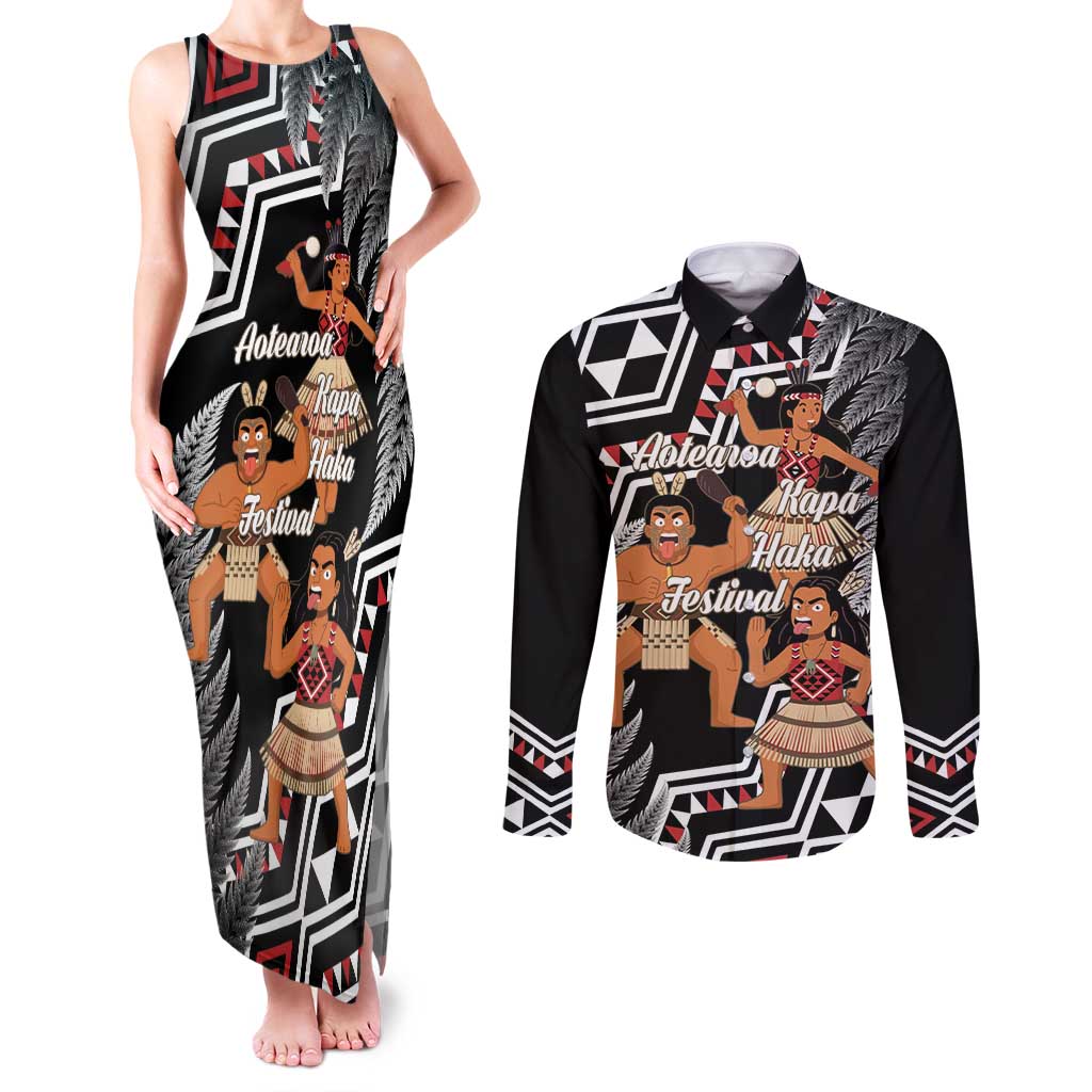 Aotearoa Kapa Haka Couples Matching Tank Maxi Dress and Long Sleeve Button Shirt 2025 Festival - Traditional Maori Dance LT14 Black - Polynesian Pride