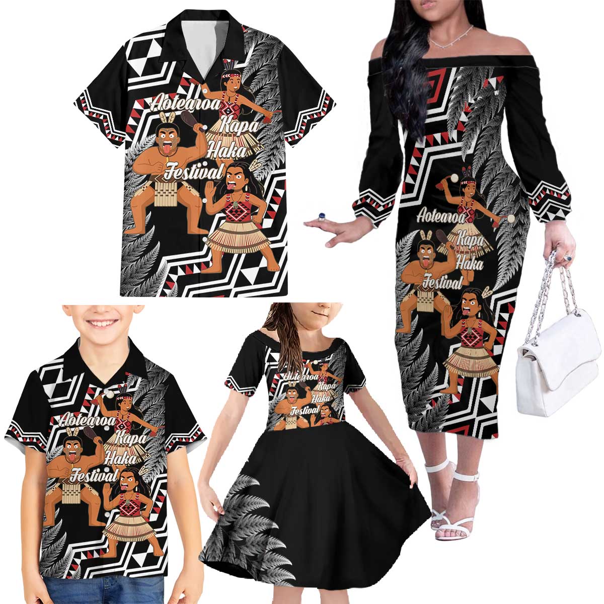 Aotearoa Kapa Haka Family Matching Off The Shoulder Long Sleeve Dress and Hawaiian Shirt 2025 Festival - Traditional Maori Dance LT14 - Polynesian Pride