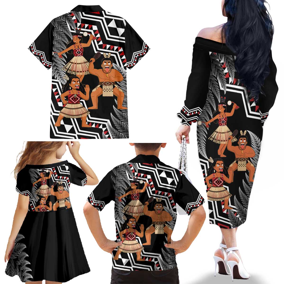 Aotearoa Kapa Haka Family Matching Off The Shoulder Long Sleeve Dress and Hawaiian Shirt 2025 Festival - Traditional Maori Dance LT14 - Polynesian Pride