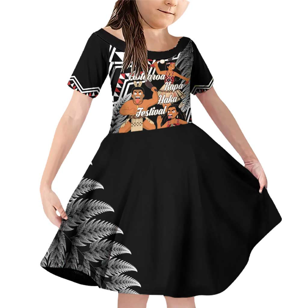 Aotearoa Kapa Haka Family Matching Off Shoulder Short Dress and Hawaiian Shirt 2025 Festival - Traditional Maori Dance LT14 Daughter's Dress Black - Polynesian Pride