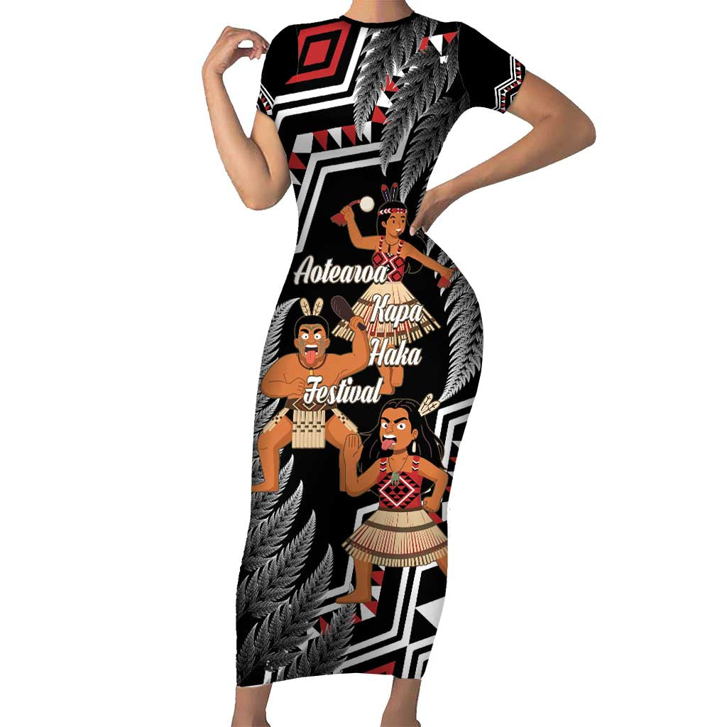 Aotearoa Kapa Haka Short Sleeve Bodycon Dress 2025 Festival - Traditional Maori Dance LT14 Long Dress Black - Polynesian Pride