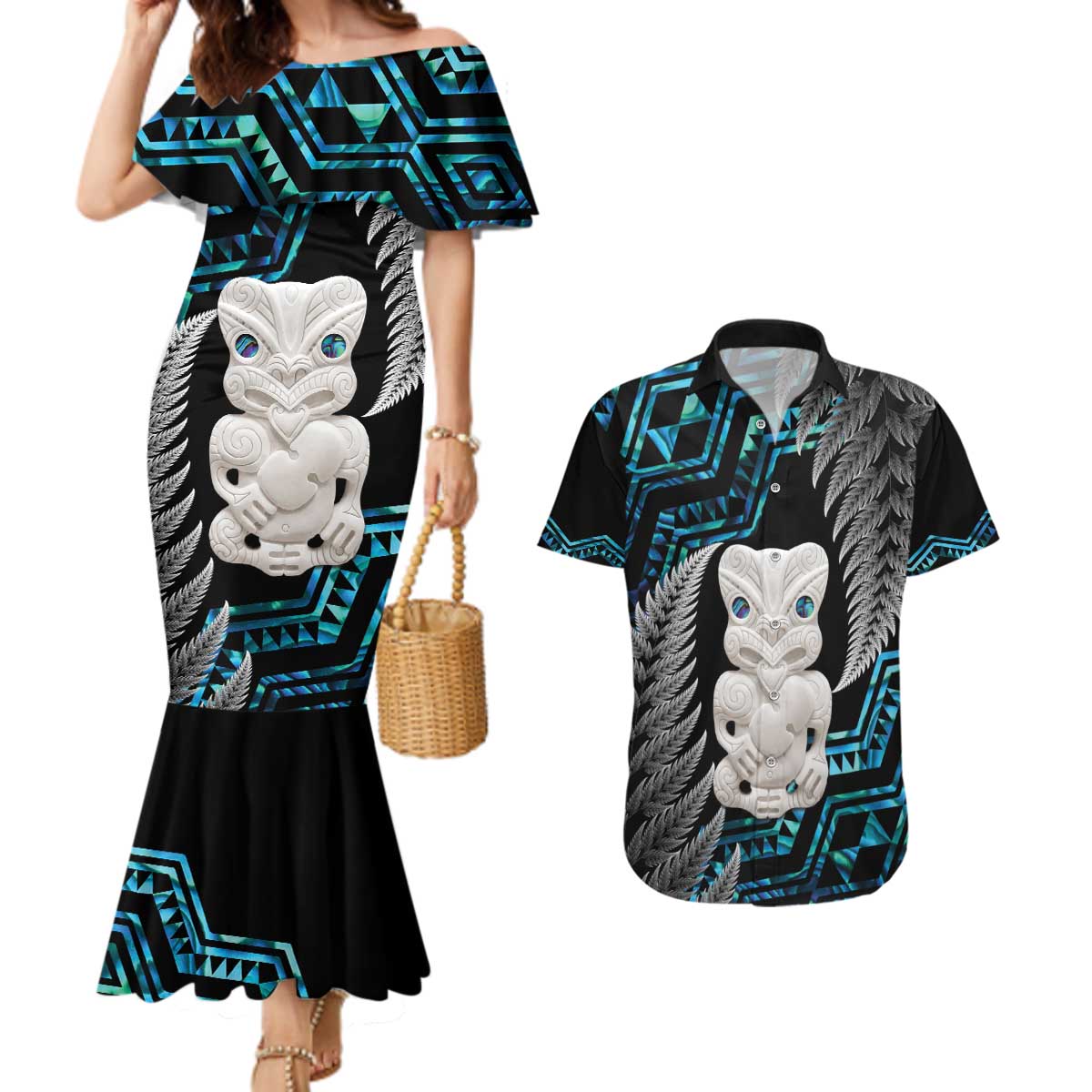 Aotearoa Taniko Paua Shell With Hei Tiki Couples Matching Mermaid Dress and Hawaiian Shirt LT14 Black - Polynesian Pride
