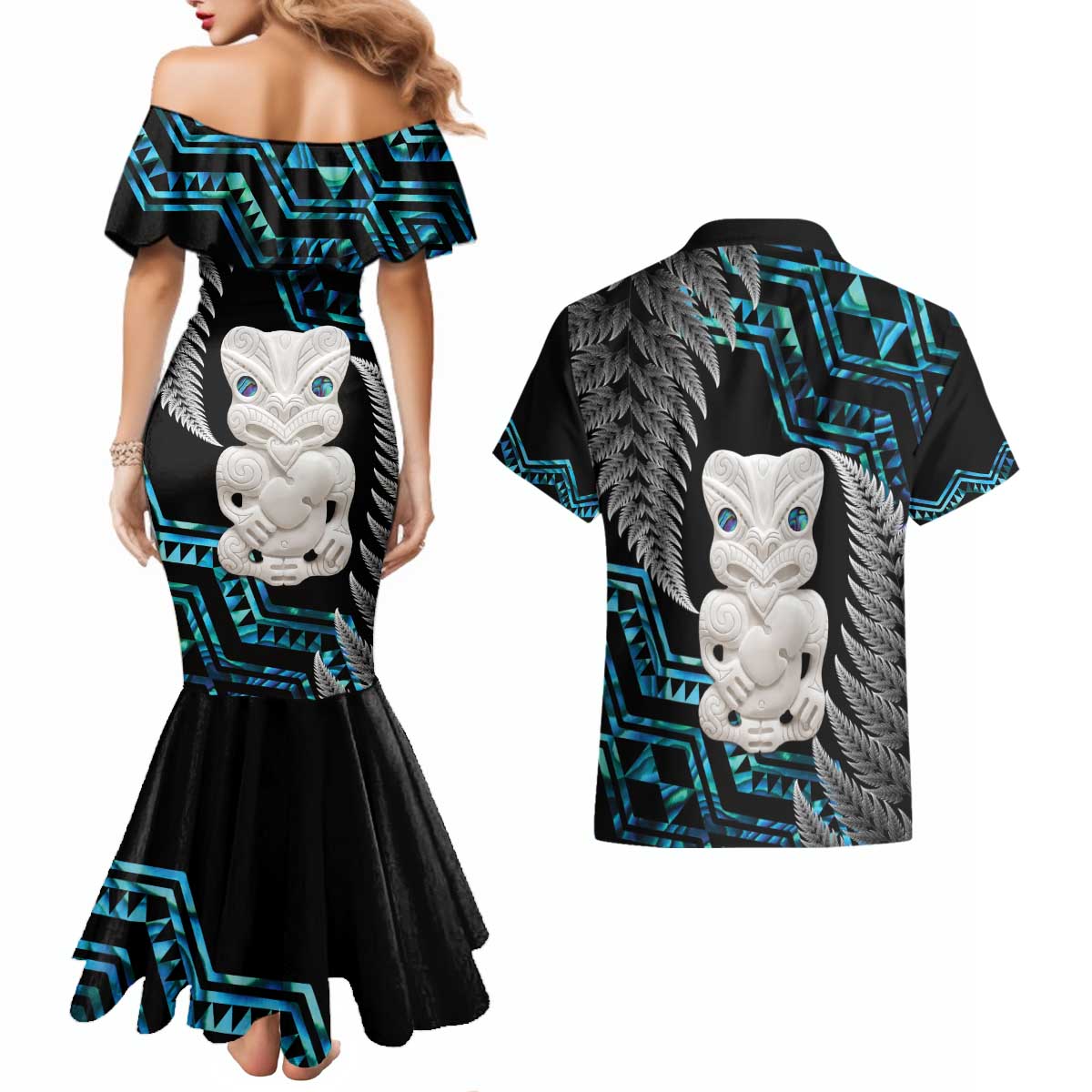 Aotearoa Taniko Paua Shell With Hei Tiki Couples Matching Mermaid Dress and Hawaiian Shirt LT14 - Polynesian Pride