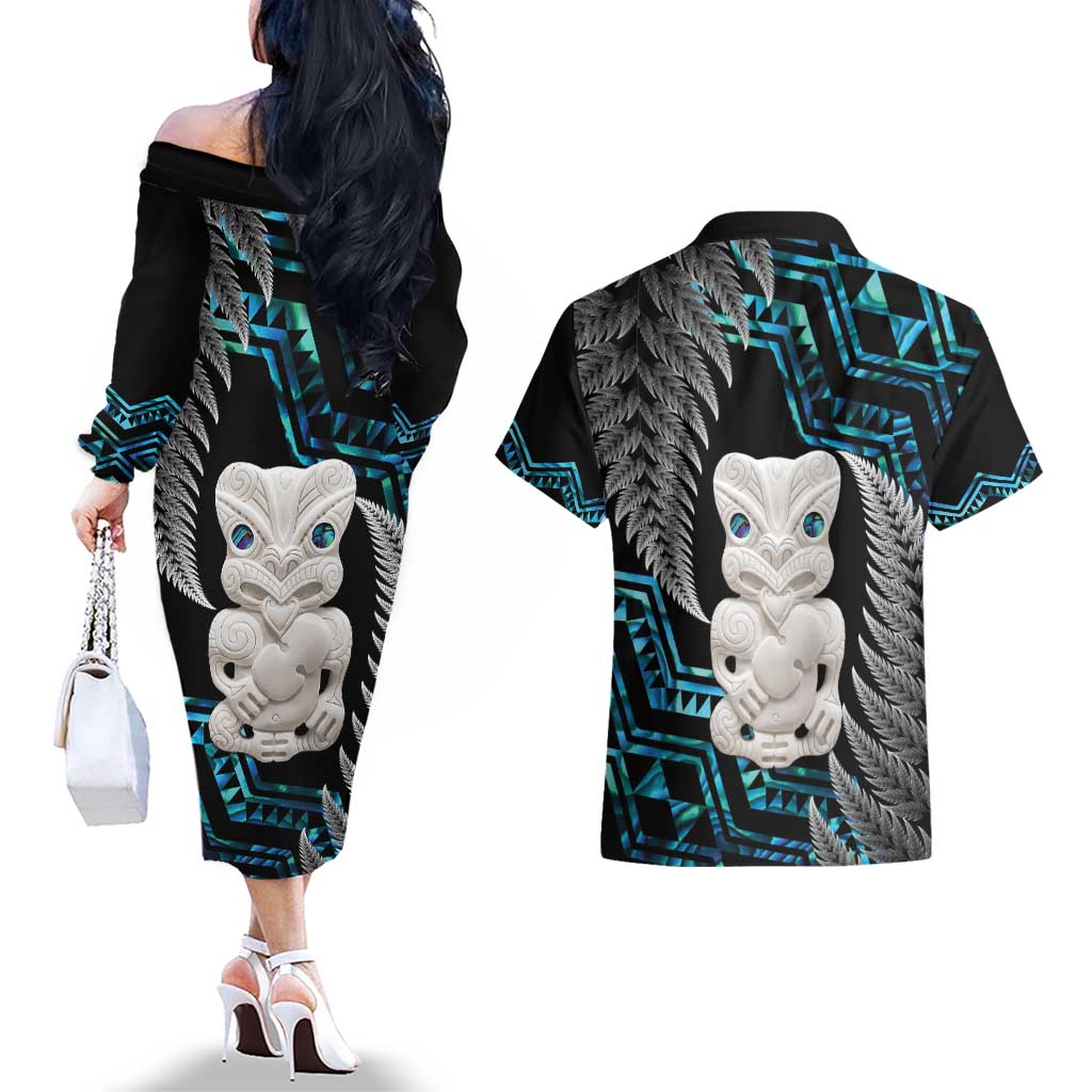 Aotearoa Taniko Paua Shell With Hei Tiki Couples Matching Off The Shoulder Long Sleeve Dress and Hawaiian Shirt LT14 - Polynesian Pride