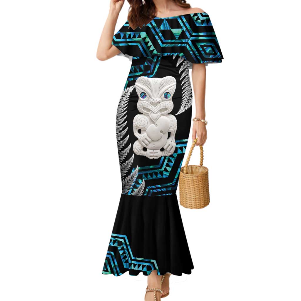 Aotearoa Taniko Paua Shell With Hei Tiki Family Matching Mermaid Dress and Hawaiian Shirt LT14 Mom's Dress Black - Polynesian Pride