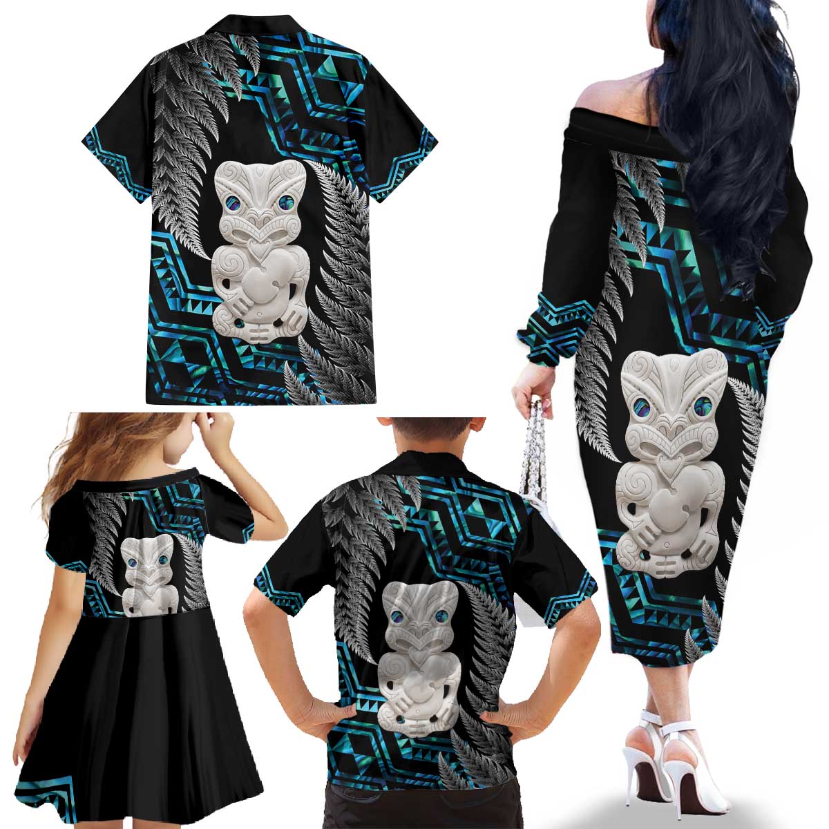 Aotearoa Taniko Paua Shell With Hei Tiki Family Matching Off The Shoulder Long Sleeve Dress and Hawaiian Shirt LT14 - Polynesian Pride